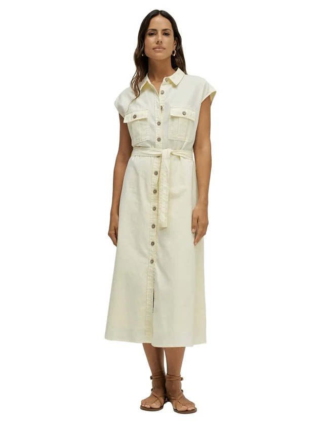 Sleeveless Shirt Dress W Natural Button