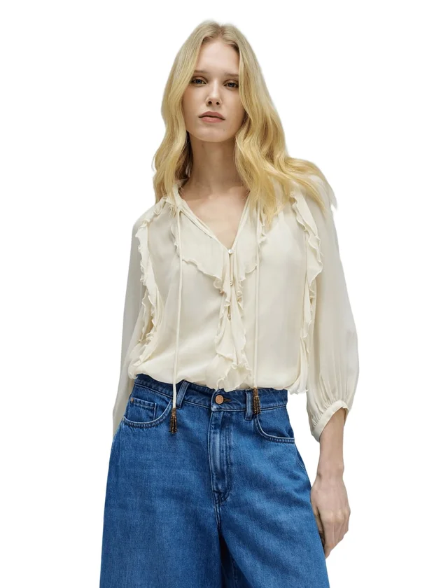 Ruffle Blouse W Buttons 3 4 Sleeves